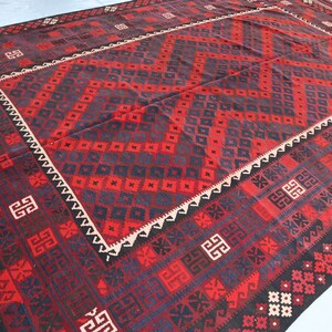 9&#39;2x14&#39;5 ft One Of a Kind Vintage Kilim Area Rug- Afghan Oriental Kilim Ru, Bohemian Traditional Rug, Red Black Bedroom Rug, Living Room Rug