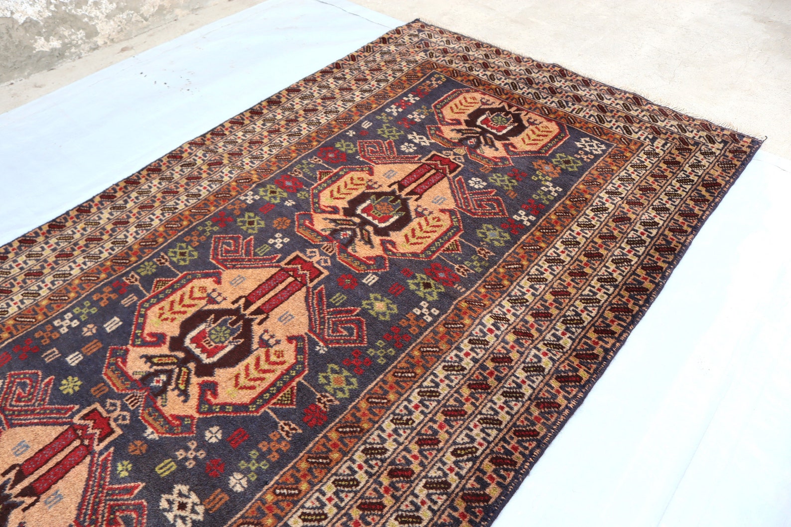 1950s Antique 3x9 Wide Runner Rug Pictorial Handmade Wool Low Pile ...