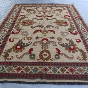 1970s Large Geometric Kilim Rug, 7x10 ft Afghan Handmade Wool Area Rug, Vintage faded Terracotta Beige Rug, 7x10 ft One Of a Kind Floral rug
