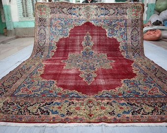 10 x 13 ft groot Afghaans antiek tapijt, handgeknoopt Oushak-designtapijt van fijne kwaliteit, oosters Turkmeens tapijt, rood woonkamertapijt, eettafeltapijt