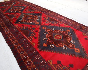 Collectors piece 5x13 Black Red Geometric Rug, 4'8x13 ft Afghan Large Vintage Rug, Handmade Wool Wide Runner Rug, Antique Tribal Baluchi Rug