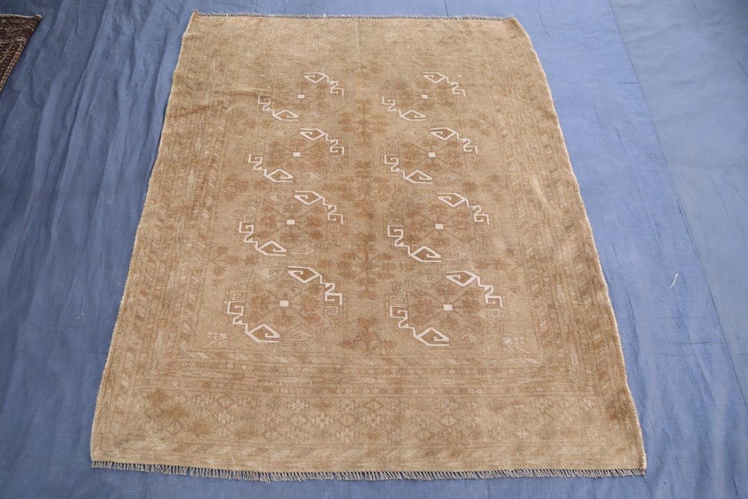 Afghan Vintage Rug 4x5 Terracotta Rug- Handmade Wool Rug- Low Pile ...