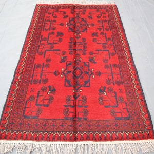 Vintage Red Rug 3x4 ft. Turkmen Red Bukhara rug 3x4 Afghan Handmade Wool Area Rug/ Khal Muhammadi Oriental Rug/ Rug for Bedroom/ Office Rug