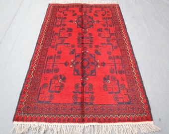Vintage Red Rug 3x4 ft. Turkmen Red Bukhara rug 3x4 Afghan Handmade Wool Area Rug/ Khal Muhammadi Oriental Rug/ Rug for Bedroom/ Office Rug