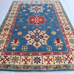 Blue Area Rug 4.0x5.10 Ft &#39; Afghan Contemporary Design Handmade Wool Rug &#39; Vegi Dyed Soft Wool Rug &#39; Blue Red Ivory Rug&#39; Living Room Rug 4x6