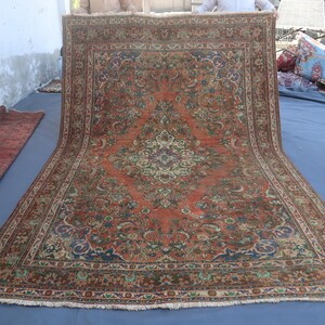 7x10 ft Vintage Rug, Large Afghan Bukhara Handmade Wool Rug, Mowri Design Antique Terracotta Faded Rugs, Turkmen Tribal Rug, Farmhouse Rug