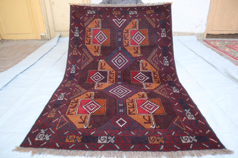 Top Quality Afghan Vintage Ersari Baluchi Rug 4'3x6 Ft Handmade Old