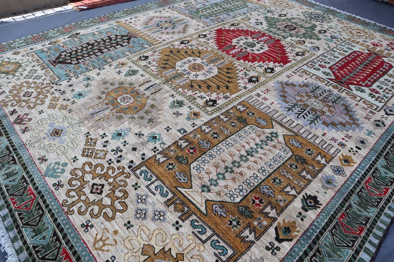 Tappeto afghano extra large 10'5x13 - Tappeto in lana annodato a mano - Tappeto orientale turcomanno Khoja Rushnaye - Tappeto per soggiorno, tappeto per tavolo da pranzo immagine 7