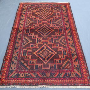 4x6 ft Vintage Afghan Geometric Baluchi Rug High Pile 1990s Antique Rug- Handmade Soft Wool Turkmen Tribal Area rug- Living Room Bedroom Rug