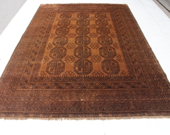 Large Terracotta Rug Afghan Vintage Rug 6'7x9'6 ft Fine Turkmen Tribal Rug, Handmade Wool Rug, Natural Dyes Rug, Soft Pile Rug, Bedroom Rug