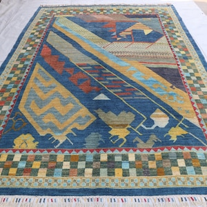 7x10 Handmade Art Deco Rug, Hand Knotted 100% Wool Area rug, Afghan Vintage rug, Masterpiece Floral Rug, Turkmen Oriental rug, Bedroom Rug