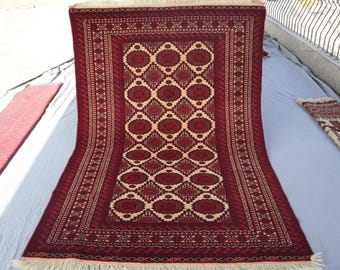 Antique Rug 4'5x6'4 ft Geometric Rug, Afghan Handmade Wool rug, Baluchi Rug, Tribal Bukhara Rug, Turkmen rug, Vintage Area Rug, Bedroom rug