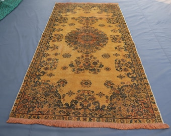 Antique Terracotta Rug 4'6x8'4 ft Afghan Tribal Handmade Wool Rug, Vintage Faded Turkmen Rug, Kitchen Carpet, Soft Pile Terracotta Brown Rug