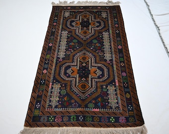 3'7x6'3 ft Geometric Area Rug Red Afghan Balochi Hand Knotted Wool Rug - Rugs for Living Room - Oriental Turkmen Rugs - Home Decor  - Carpet