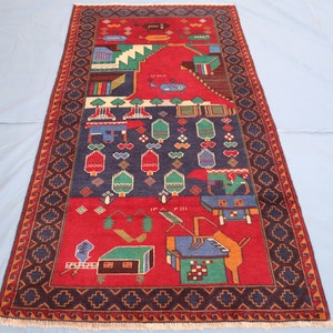 Pictorial Vintage Area Rug, 3.6 x 6.7 ft Antique Pictorial Afghan Rug- Hand Knotted Rug For Wall Hanging- Home Décor Carpet- Afghan Gift Rug