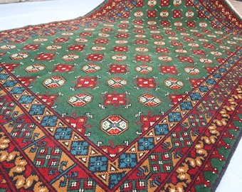 250 x 150 cm Grün Roter Buchara Teppich- Reiner Afghanischer Wollteppich- Teppich für Schlafzimmer- Wohnteppich