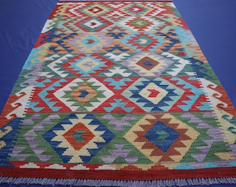 3x5 Ft Muted Blue Kilim Area Rug/ Afghan Authentic Geometric Kilim Wool/ Rug for Living room/ bedroom rug/ Boho Kilim/ Oriental Turkmen rug
