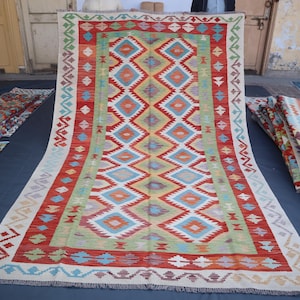 7x10 ft Flatweave Rug, Afghan Handmade Kilim Rug, Geometric design Maimana Kilim, Kitchen, Office Rug, Oriental Turkmen Natural Veg dyes Rug