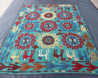 5'4x6'4 Blue Uzbek Suzani, Decorative Wall Hanging, Bed Throw, Dining Centerpiece Hand Embroidery Tapestry, Bedcover Bedspread, Suzani Kilim