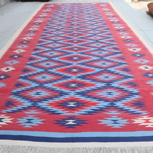 9&#39;2 x 19&#39;8 ft Large Turkish Kilim Area Rug/ Blue Red Beige Modern Geometric Kilim Rug/ Natural Veg dyes Wool/ Rug for Living room/ Bedroom