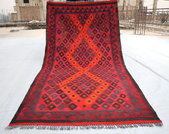 3'5x6'7 Großer Vintage Kelim-Teppich / Roter afghanischer authentischer geometrischer Ghalmoori-Kelim-Teppich / Natürlich gefärbter Wollteppich - Teppiche für das Wohnzimmer