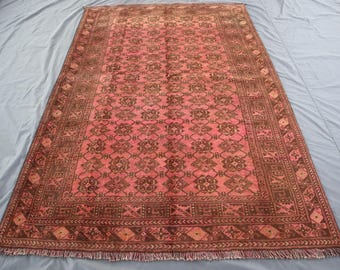 1940s Antique Afghan Terracotta Rust Red Rug- Turkomon Handmade Vintage Distressed Rug- 5'4x7'10 Entry Way Carpet, Farmhouse Decor Art Rug