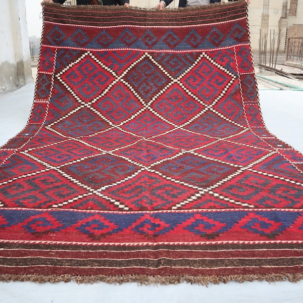 1960s Antique Kilim Rug 6x10 ft, Afghan Vintage Large Rug, Turkmen Flatweave Handmade Wool Area Rug, Authentic Geometric Rug Living Room Rug