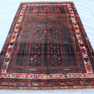 Antiker Gebetsteppich, 3 x 5 ft Handgefertigter Vintage Verblichener Gebetsteppich, Afghanischer Muslimischer Gebetsteppich, Ethnischer Stammesteppich, Roter Gebetsteppich 100 x 150 cm Teppich