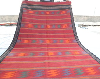 4'8x11'9 ft Afghan Vintage Kilim Rug, Handmade Wool Rug, Flatweave Rug, Turkmen Tribal Soumak Oriental Antique Red Rug, Wide Hallway Runner