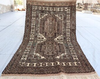 3x5 ft Terracotta Vintage Area Rug/ Afghan Handmade Wool rug/ Turkmen Tribal Tekke Balochi Rug/ Low Pile Rug/ Bedroom Rug/ Oriental Carpet