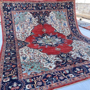 8x9 ft Large Afghan Heriz Caucasian Rug, Handmade Wool Red Beige Turkmen Heris Rug, One of a Kind Rug, 240x285 cm Bedroom Dining Table Rug