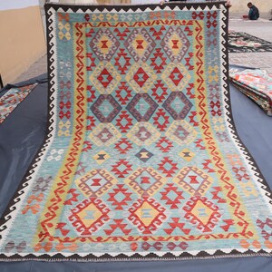 Geometric Kilim Area Rug, Afghan Handmade Wool Rug 7x10 ft Turkmen Tribal Rug, Large Area Rug, Natural Veg Dyes Rug, Living Room Bedroom Rug