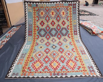 Geometrisch kelimtapijt, Afghaans handgemaakt wollen tapijt 7 x 10 ft Turkmeens stamtapijt, groot tapijt, tapijt natuurlijke plantaardige kleurstoffen, tapijt woonkamer slaapkamer