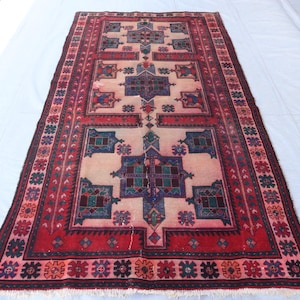 5x9 ft  Vintage Area Rug Tribal Handmade Wool Rug/ Turkmen Caucasian Rug/ Afghan Geometric Rug/ Oriental High Pile Rug/ Bedroom/ Bedroom Rug
