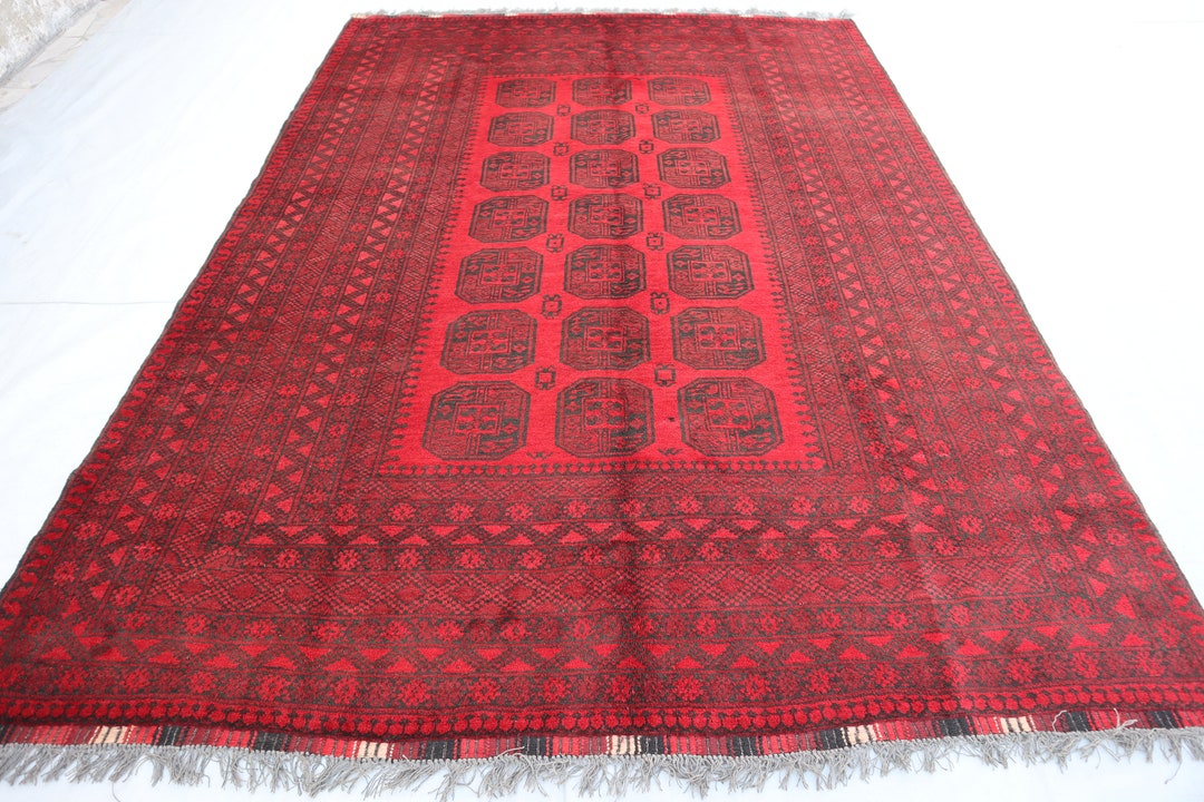 7x10 Ft Red Afghan Vintage Ersari Rug, Turkmen Hand Knotted Wool Area ...