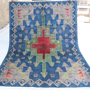 5x6&#39;7 ft  Blue Gray Gabbeh Area Rug, Afghan Handmade Natural Soft Wool Rug, Handmade Area Rug, Oriental Turkmen Rug, Living Room Bedroom Rug