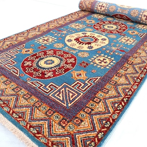 Blue Kazak Runner Rug, 3&#39;2x9&#39;8 ft Natural Veg dyes Afghan Handmade Wool Oriental Rug Geometric Design, Rug for Bedroom, Entry Runner Hallway