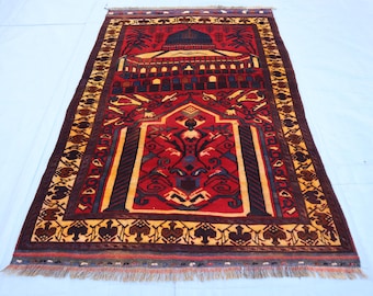 Antique Prayer Rug- 4x6'2 ft Afghan Handmade Wool Red Rug- Oriental Faded Turkmen Tribal Balochi Rug- Excellent Condition Muslim Prayer Rug