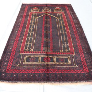 Antiker Gebetsteppich 4 x 5 ft Hochflor Weicher Wollteppich, Handgefertigter Vintage Muslimischer Gebetsteppich, Turkmenischer Stammesteppich, Orientalischer Teppich, Wandbehang