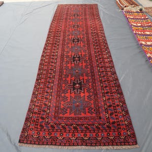 3&#39;6x12&#39;3 ft Vintage Runner Rug, Afghan Handmade Soft Wool Rug, Balochi Design rug, Hallway Runner rug, Balochi Runner Carpet, Hallway Carpet