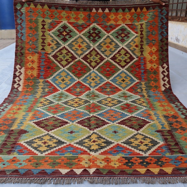Best Quality Kilim, 4'9x6'7 Ft, Afghan Maimana Kilim, Handwoven Chobi Design Kilim, Ghalmoori Kilim, Natural Dyed Color, Hand Spun Wool Rug