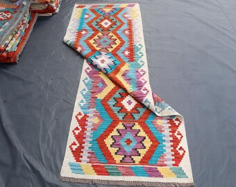 3 x 8 fot afghansk kelimmatta / Geometrisk design plattvävd handgjord modern ullmatta / Maimana kelimmatta / Hallmatta / Köksmatta