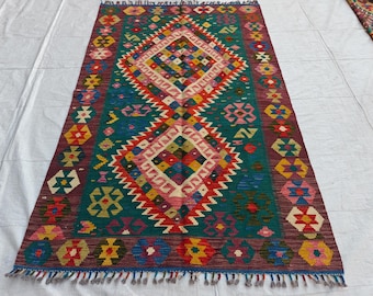 Geometric Kilim Rug 4x6 ft Flatweave Modern Kilim Rug, Veg dyes Traditional Area Rug, Turkmen Handmade Oriental Rug, Bedroom Living Room Rug