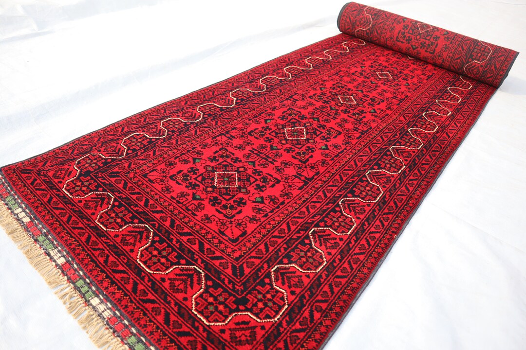 Narrow 13 Ft Red Runner Rug, Oriental Bokhara Hallway Wool Rug, Afghan