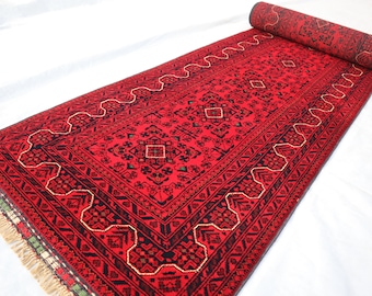 Narrow 13 ft Red Runner Rug, Oriental Bokhara Hallway Wool Rug, Afghan Hand-Knotted Runner Rug, High Pile Soft Wool Rug, Turkmen Stairs Rugs