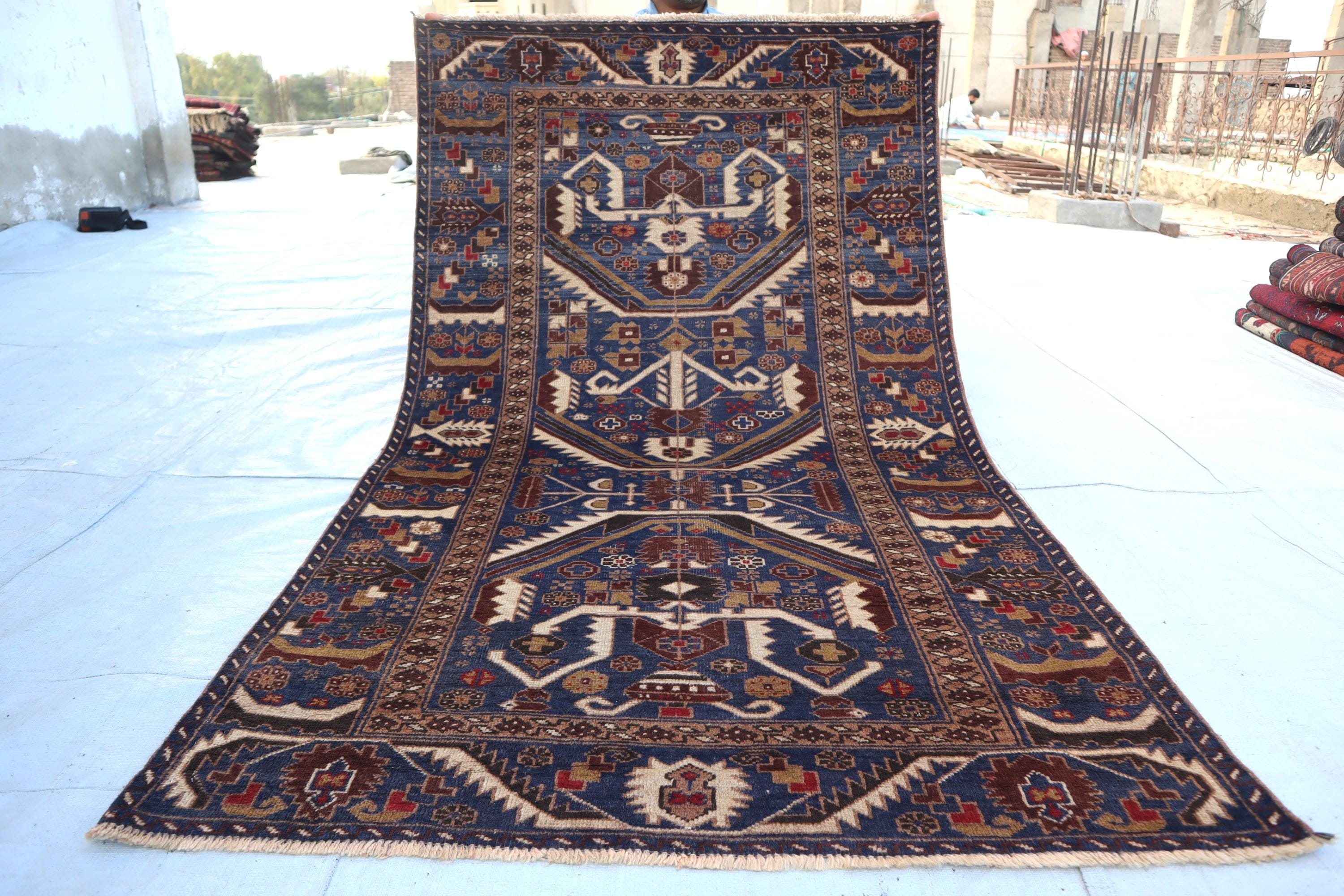 3.5x6.3 Ft Navy Blue Faded Vintage Baloch Tribal Rug, Authentic