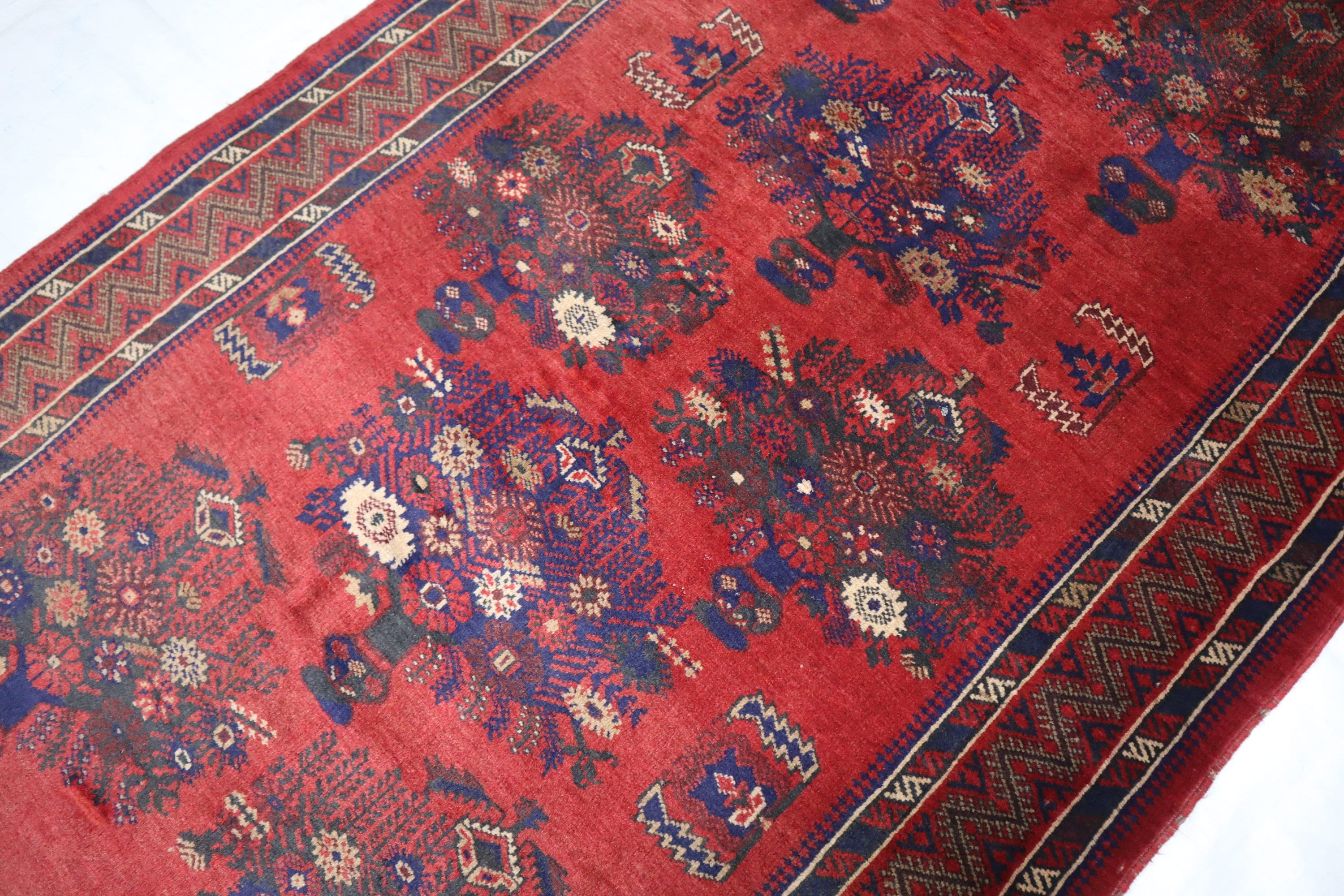 Antique Handmade Floral Pot Area Rug/ 4x6 Ft/ Tribal Vintage Turkomon ...