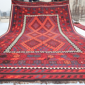 Large 8x14 ft Antique Kilim Rug, Flatweave Hand woven Kilim Wool Area Rug, Afghan Vintage Boho Rug, Turkmen Geometric Rug, Living Room Rugs