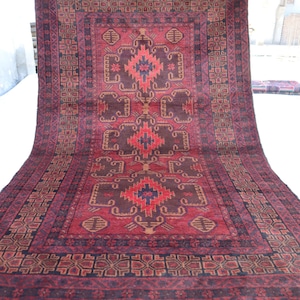 Alfombra baluchi antigua 4x7, alfombra de lana hecha a mano afgana, alfombra turcomana geométrica, alfombra tribal afgana vintage, alfombra de dormitorio, alfombra de sala de estar para niños
