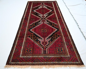 Vintage Turkmen Area Rug 4'4x9'4 ft Afghan Handmade High Pile Wool Rug, Oriental Traditional Bohemian Rug, Living Room Rugs, Bedroom Carpet